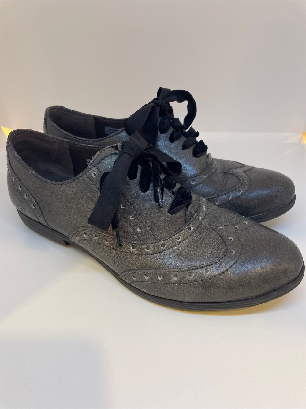 Born Women's Metallic Gray Wingtip Oxfords with Ribbon Laces